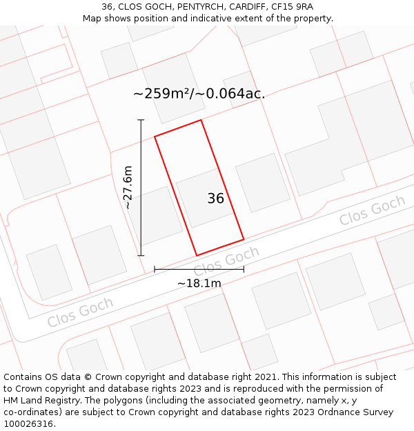 36, CLOS GOCH, PENTYRCH, CARDIFF, CF15 9RA: Plot and title map