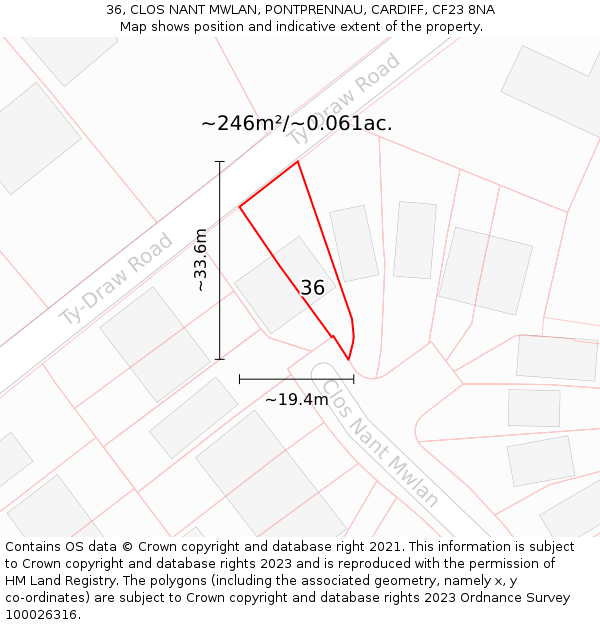 36, CLOS NANT MWLAN, PONTPRENNAU, CARDIFF, CF23 8NA: Plot and title map