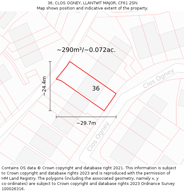 36, CLOS OGNEY, LLANTWIT MAJOR, CF61 2SN: Plot and title map