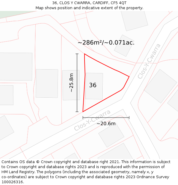 36, CLOS Y CWARRA, CARDIFF, CF5 4QT: Plot and title map