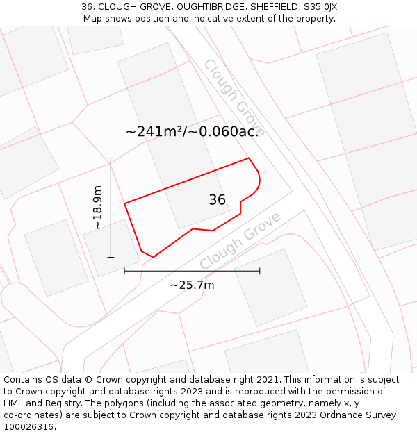 36, CLOUGH GROVE, OUGHTIBRIDGE, SHEFFIELD, S35 0JX: Plot and title map