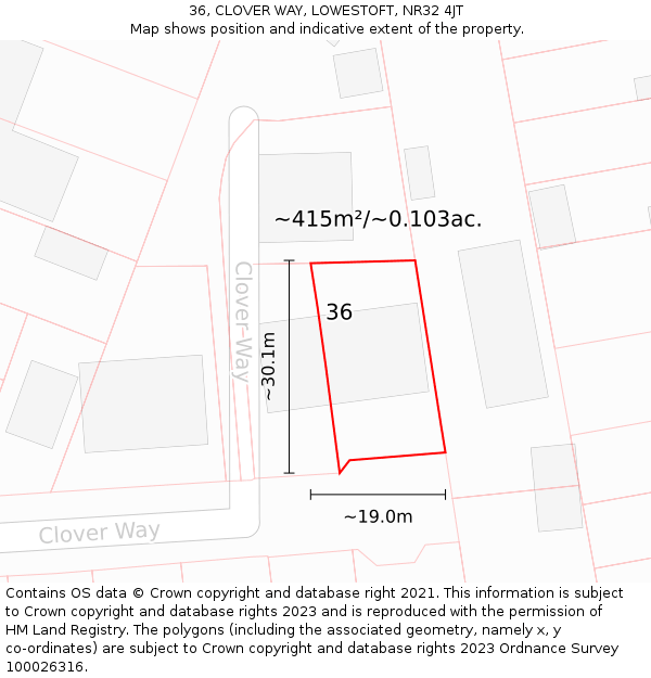 36, CLOVER WAY, LOWESTOFT, NR32 4JT: Plot and title map