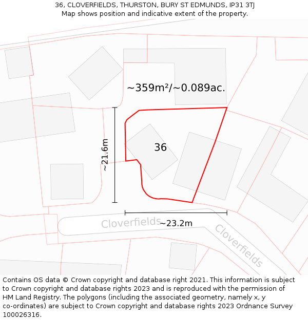36, CLOVERFIELDS, THURSTON, BURY ST EDMUNDS, IP31 3TJ: Plot and title map