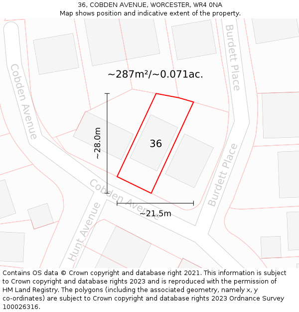36, COBDEN AVENUE, WORCESTER, WR4 0NA: Plot and title map