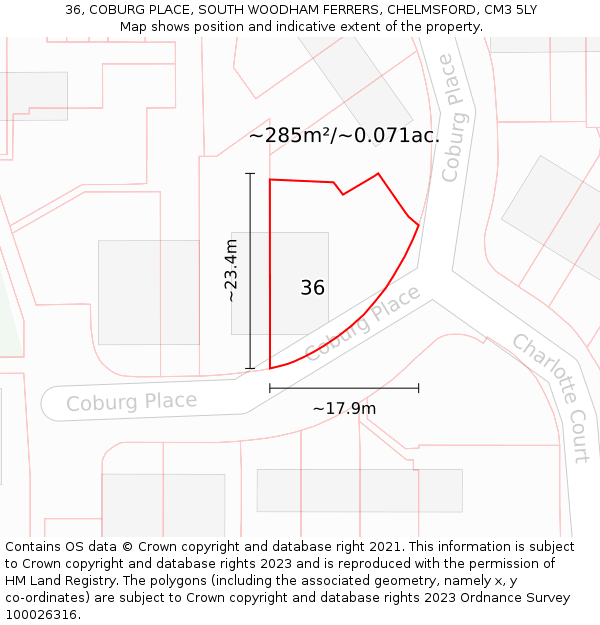 36, COBURG PLACE, SOUTH WOODHAM FERRERS, CHELMSFORD, CM3 5LY: Plot and title map