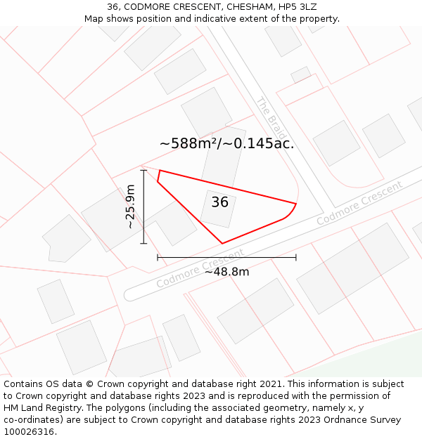 36, CODMORE CRESCENT, CHESHAM, HP5 3LZ: Plot and title map