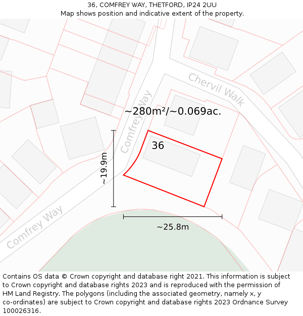 36, COMFREY WAY, THETFORD, IP24 2UU: Plot and title map