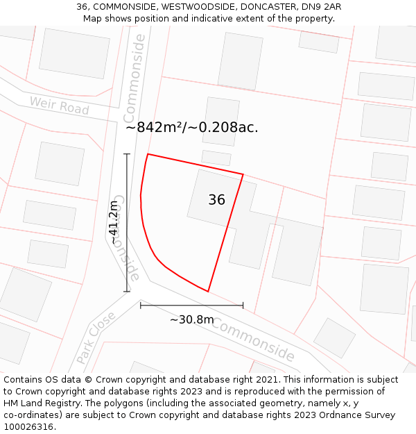 36, COMMONSIDE, WESTWOODSIDE, DONCASTER, DN9 2AR: Plot and title map