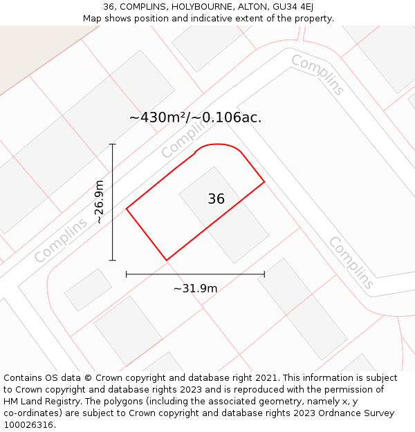 36, COMPLINS, HOLYBOURNE, ALTON, GU34 4EJ: Plot and title map