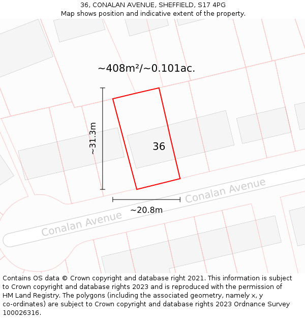 36, CONALAN AVENUE, SHEFFIELD, S17 4PG: Plot and title map