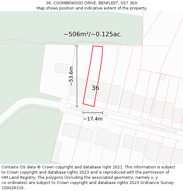 36, COOMBEWOOD DRIVE, BENFLEET, SS7 3EA: Plot and title map