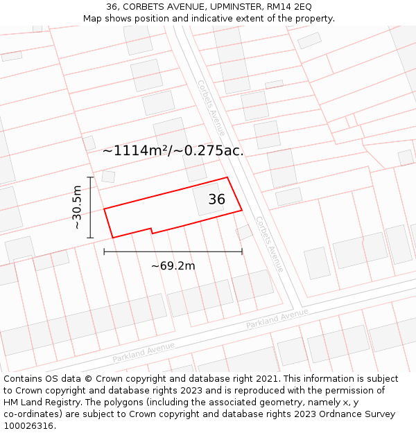 36, CORBETS AVENUE, UPMINSTER, RM14 2EQ: Plot and title map