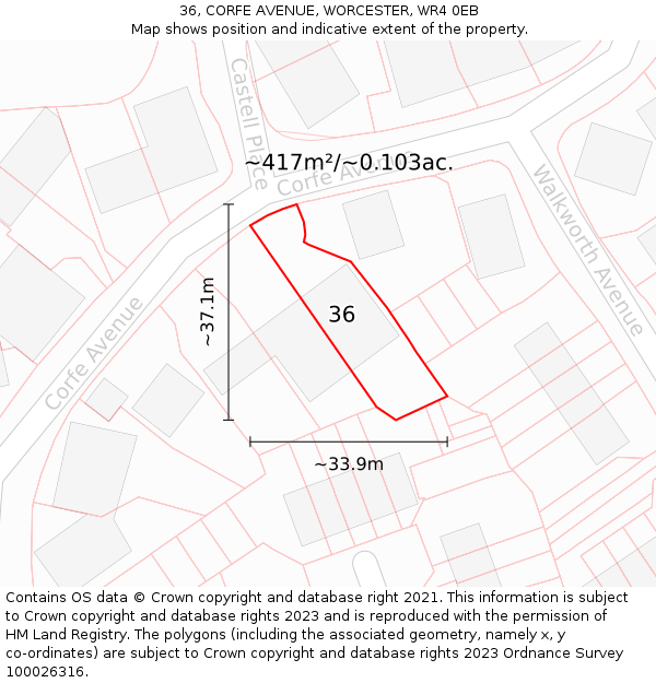 36, CORFE AVENUE, WORCESTER, WR4 0EB: Plot and title map