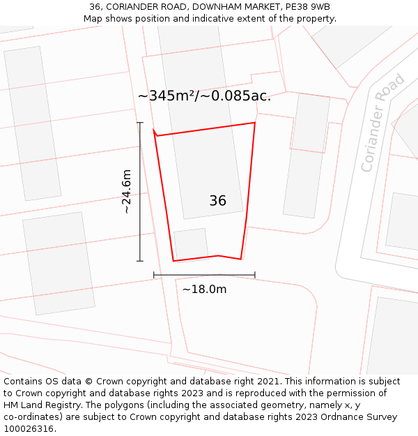 36, CORIANDER ROAD, DOWNHAM MARKET, PE38 9WB: Plot and title map