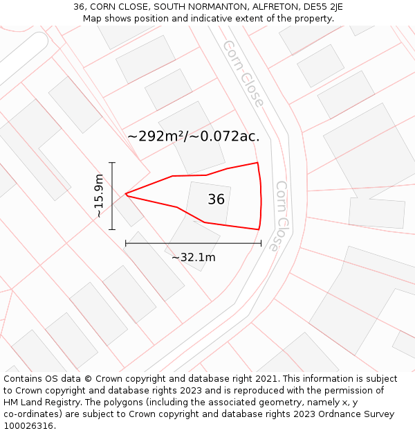 36, CORN CLOSE, SOUTH NORMANTON, ALFRETON, DE55 2JE: Plot and title map