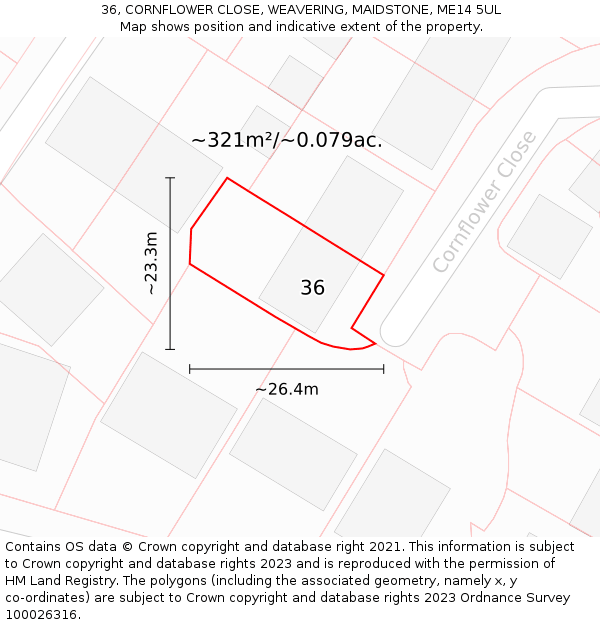 36, CORNFLOWER CLOSE, WEAVERING, MAIDSTONE, ME14 5UL: Plot and title map