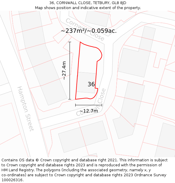 36, CORNWALL CLOSE, TETBURY, GL8 8JD: Plot and title map