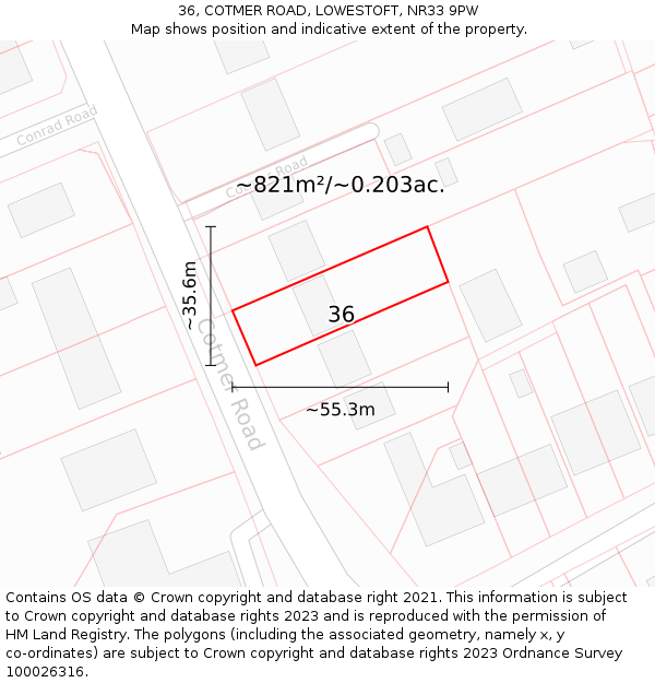 36, COTMER ROAD, LOWESTOFT, NR33 9PW: Plot and title map