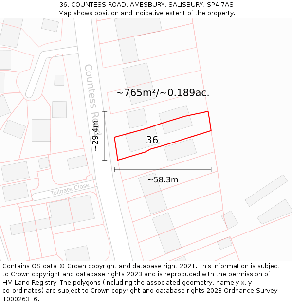 36, COUNTESS ROAD, AMESBURY, SALISBURY, SP4 7AS: Plot and title map