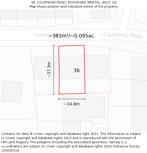 36, COURTENAY ROAD, KEYNSHAM, BRISTOL, BS31 1JS: Plot and title map