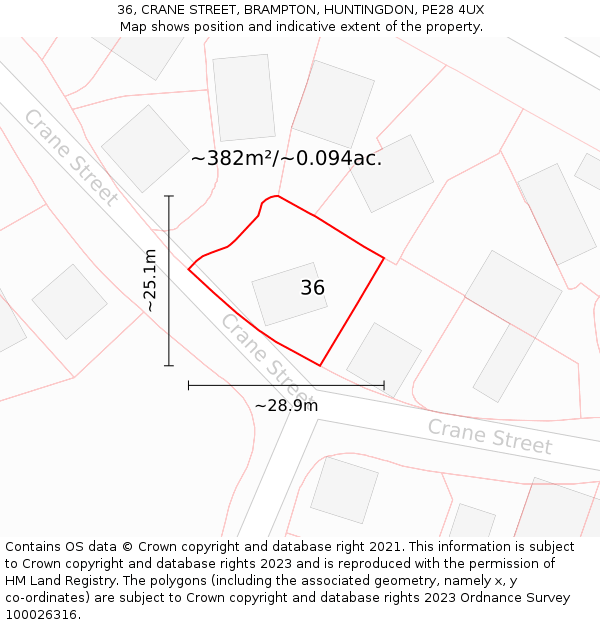 36, CRANE STREET, BRAMPTON, HUNTINGDON, PE28 4UX: Plot and title map