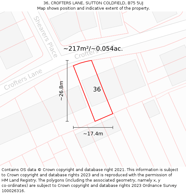36, CROFTERS LANE, SUTTON COLDFIELD, B75 5UJ: Plot and title map