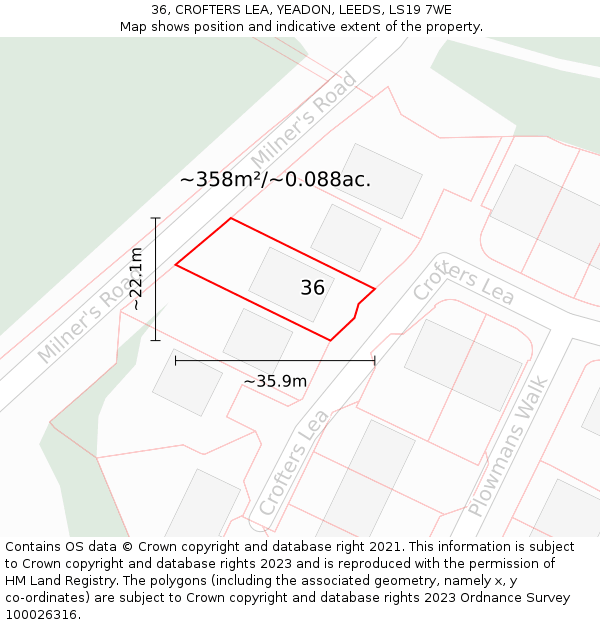 36, CROFTERS LEA, YEADON, LEEDS, LS19 7WE: Plot and title map