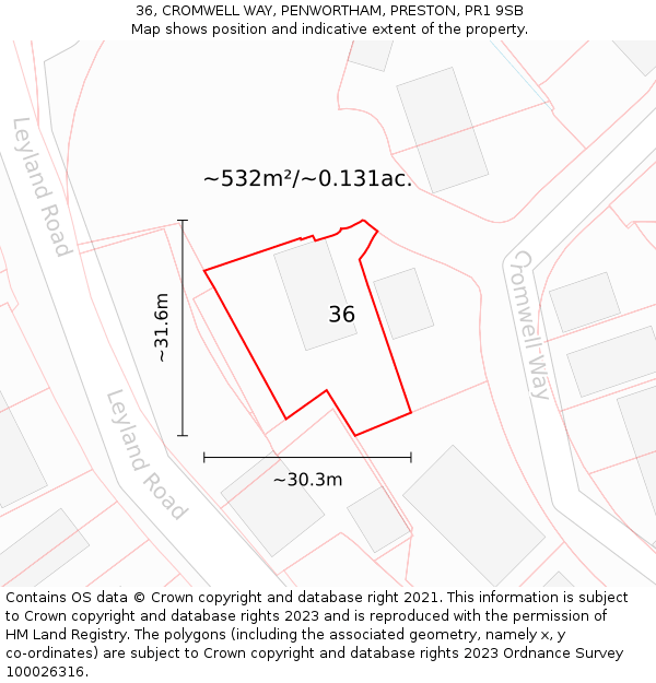 36, CROMWELL WAY, PENWORTHAM, PRESTON, PR1 9SB: Plot and title map