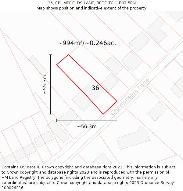 36, CRUMPFIELDS LANE, REDDITCH, B97 5PN: Plot and title map