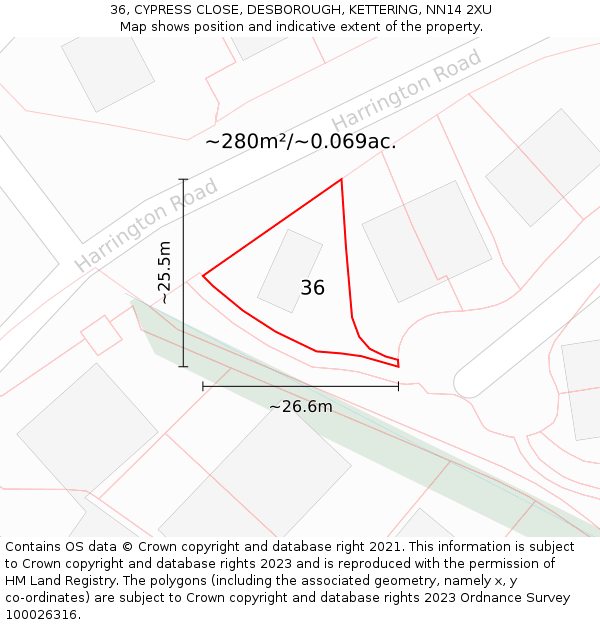 36, CYPRESS CLOSE, DESBOROUGH, KETTERING, NN14 2XU: Plot and title map