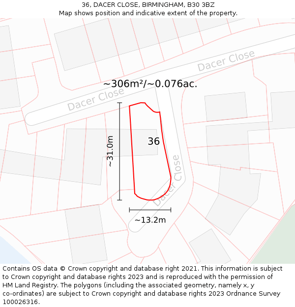 36, DACER CLOSE, BIRMINGHAM, B30 3BZ: Plot and title map