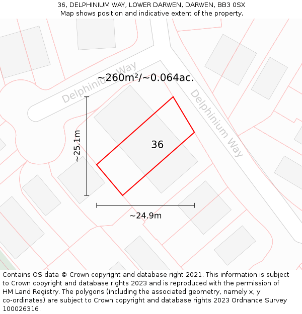 36, DELPHINIUM WAY, LOWER DARWEN, DARWEN, BB3 0SX: Plot and title map