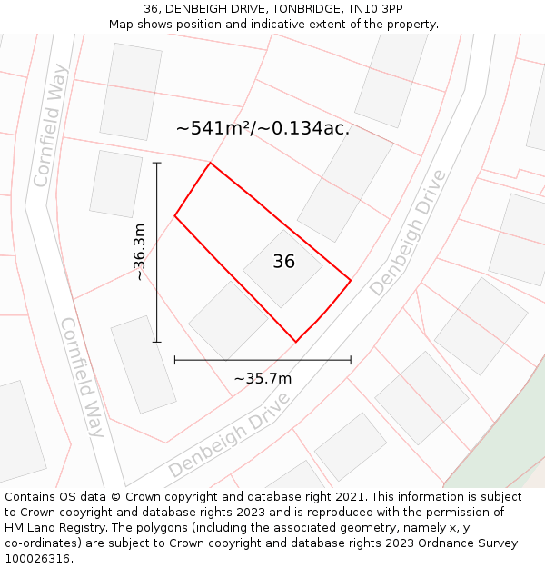 36, DENBEIGH DRIVE, TONBRIDGE, TN10 3PP: Plot and title map