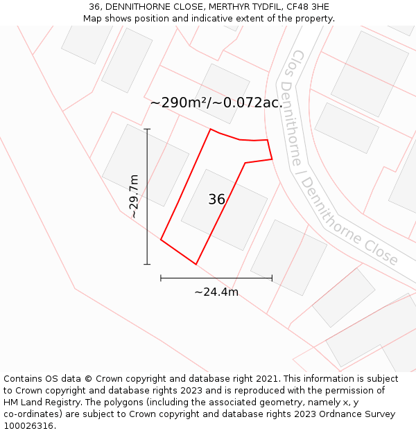 36, DENNITHORNE CLOSE, MERTHYR TYDFIL, CF48 3HE: Plot and title map
