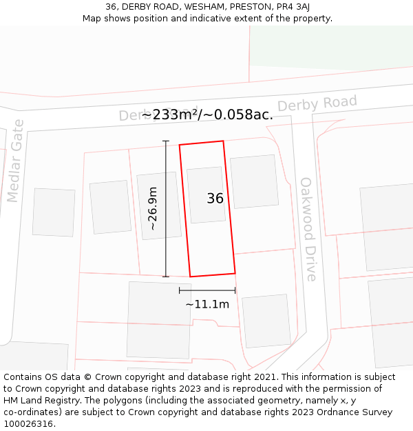 36, DERBY ROAD, WESHAM, PRESTON, PR4 3AJ: Plot and title map