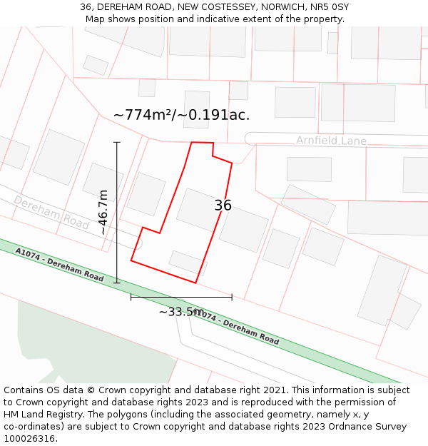 36, DEREHAM ROAD, NEW COSTESSEY, NORWICH, NR5 0SY: Plot and title map