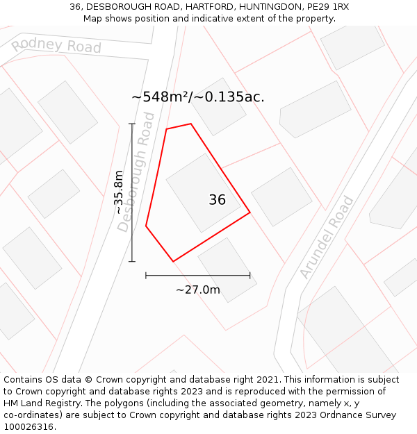 36, DESBOROUGH ROAD, HARTFORD, HUNTINGDON, PE29 1RX: Plot and title map