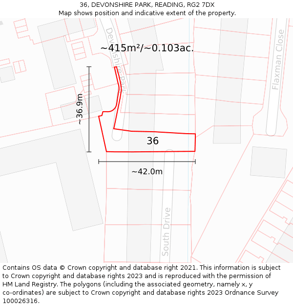 36, DEVONSHIRE PARK, READING, RG2 7DX: Plot and title map