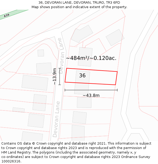 36, DEVORAN LANE, DEVORAN, TRURO, TR3 6PD: Plot and title map