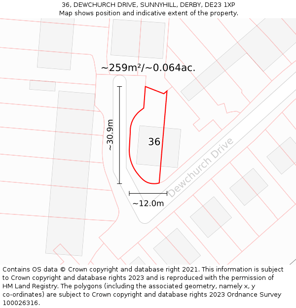 36, DEWCHURCH DRIVE, SUNNYHILL, DERBY, DE23 1XP: Plot and title map