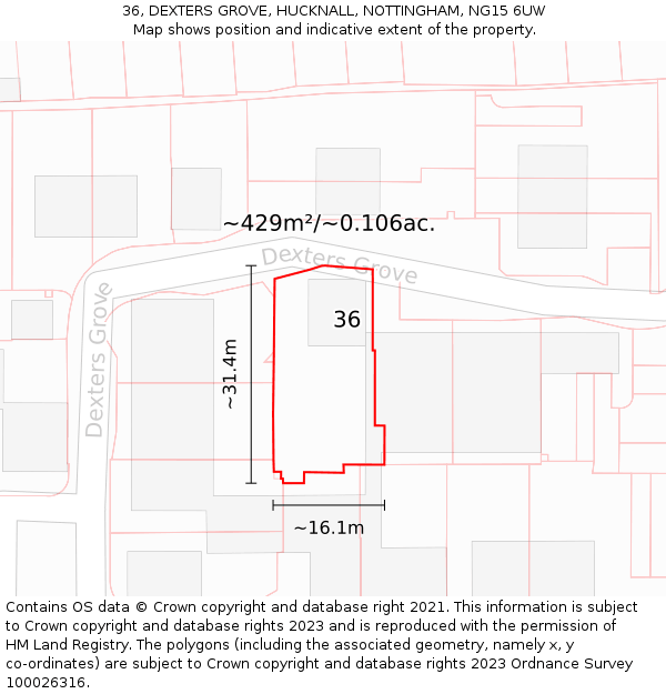 36, DEXTERS GROVE, HUCKNALL, NOTTINGHAM, NG15 6UW: Plot and title map