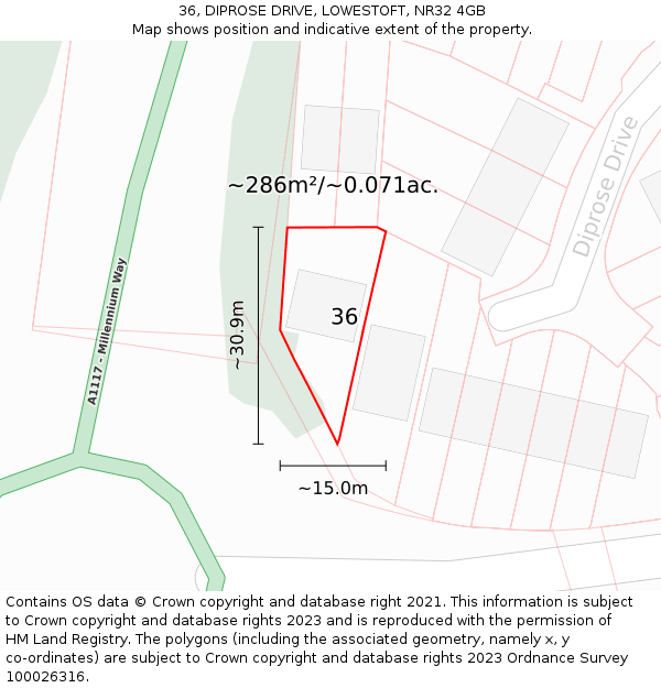 36, DIPROSE DRIVE, LOWESTOFT, NR32 4GB: Plot and title map