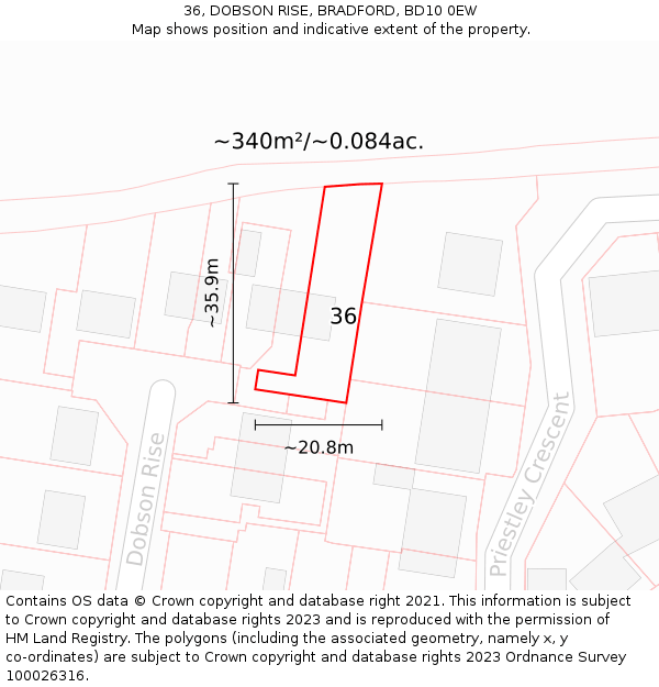 36, DOBSON RISE, BRADFORD, BD10 0EW: Plot and title map