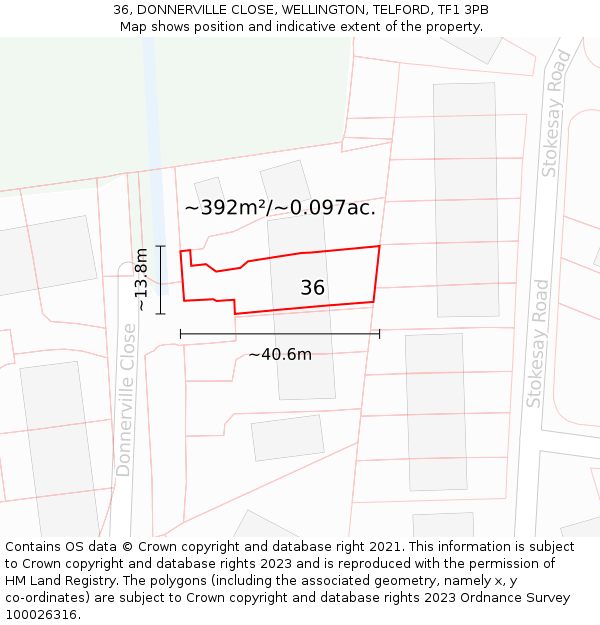 36, DONNERVILLE CLOSE, WELLINGTON, TELFORD, TF1 3PB: Plot and title map