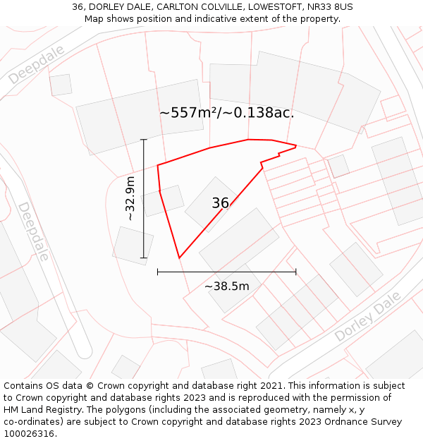 36, DORLEY DALE, CARLTON COLVILLE, LOWESTOFT, NR33 8US: Plot and title map