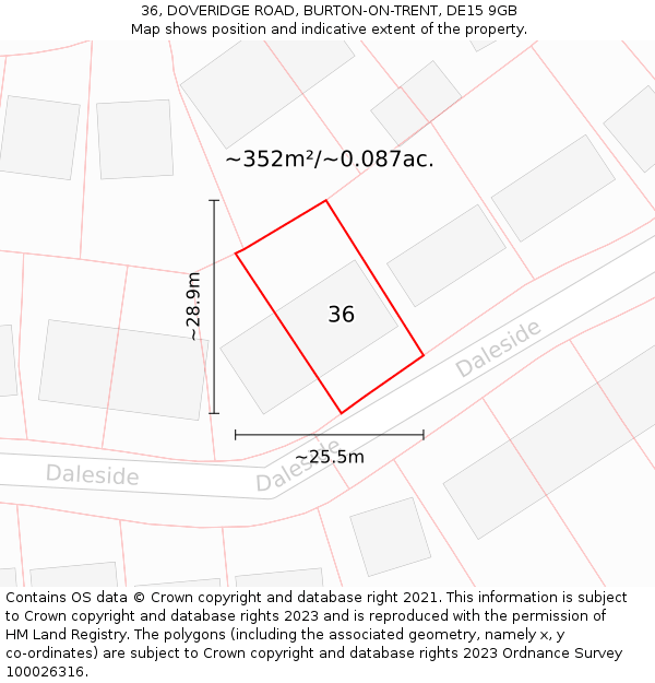 36, DOVERIDGE ROAD, BURTON-ON-TRENT, DE15 9GB: Plot and title map