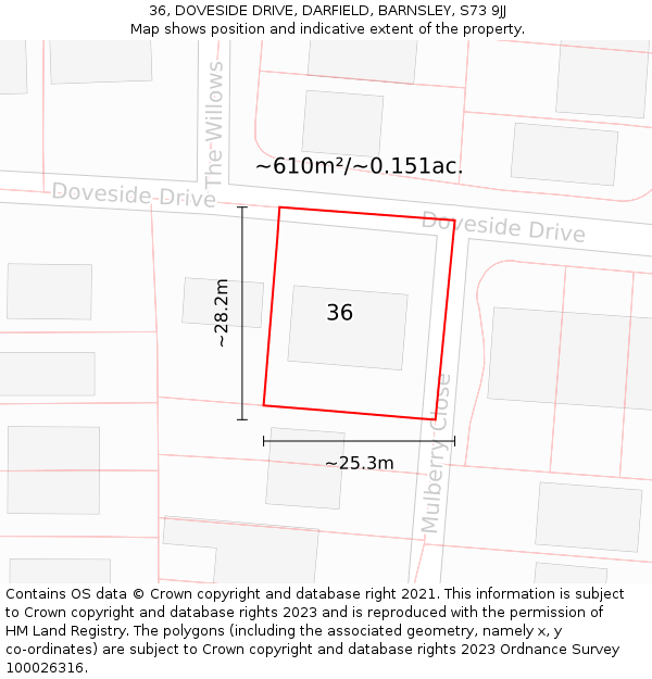36, DOVESIDE DRIVE, DARFIELD, BARNSLEY, S73 9JJ: Plot and title map
