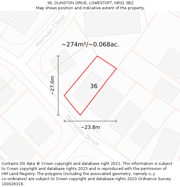 36, DUNSTON DRIVE, LOWESTOFT, NR32 3BZ: Plot and title map