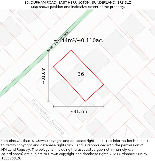 36, DURHAM ROAD, EAST HERRINGTON, SUNDERLAND, SR3 3LZ: Plot and title map