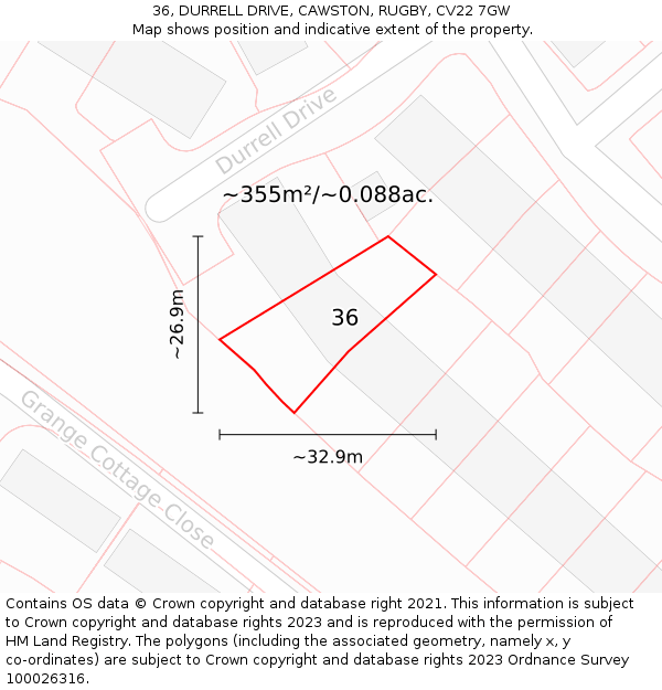 36, DURRELL DRIVE, CAWSTON, RUGBY, CV22 7GW: Plot and title map